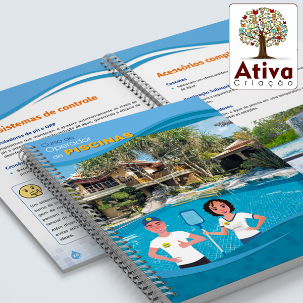 Projeto de apostila para curso de Operador de Piscinas com capa e páginas internas